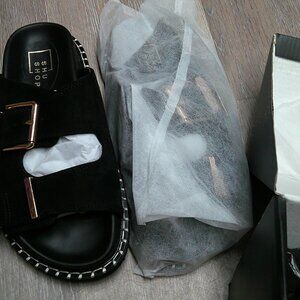 ShuShop Charlotte Womens US 7.5M Slides Black Suede Double Buckle Slip On Sandal